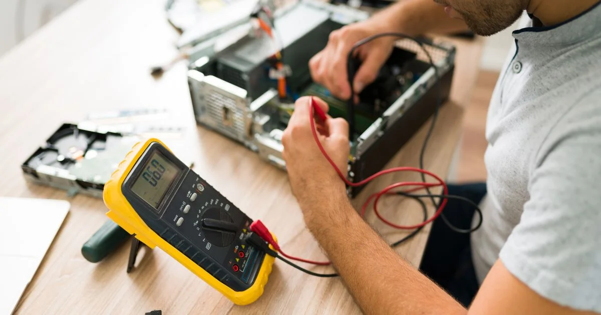 Technician measuring voltage with a multimeter